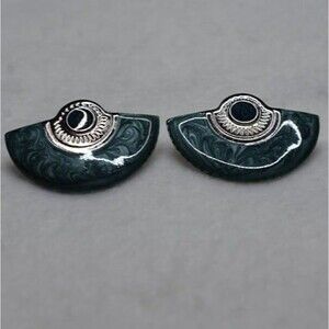 Statement Vintage Blue Swirl/Black Enamel Inlay Silver Tone Post Earrings
